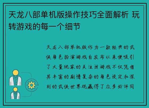 天龙八部单机版操作技巧全面解析 玩转游戏的每一个细节